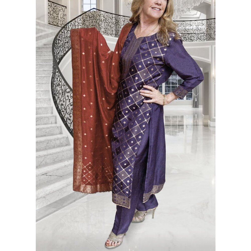 New! Silk Basanti Kapde aur Koffee Beautiful Indian Women's Purple Kurta Set L